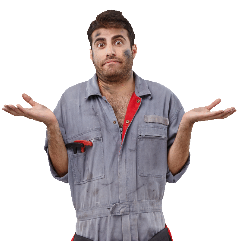 Ratloser Mitarbeiter in "ich-weiß-nicht-Position" Innung für Sanitär- Heizung und Klima